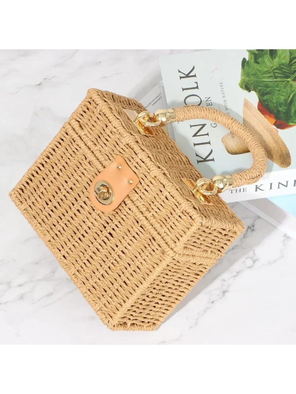 Handwoven Rattan Beach Tote Bag | Square Boho Crossbody Handbag for Women